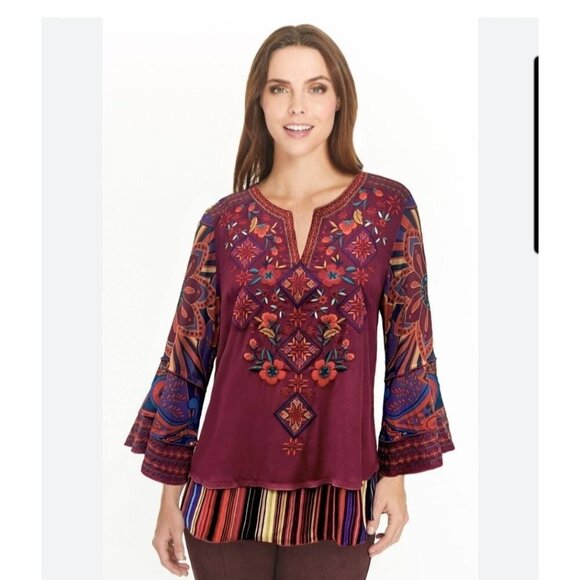 John Mark Top Large Boho Embroidered Floral Burgundy Artsy - Picture 2 of 12